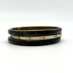 Brass Bangle Bracelet Set - Black, Gold, Mother of Pearl‎ - Stackable Jewelry